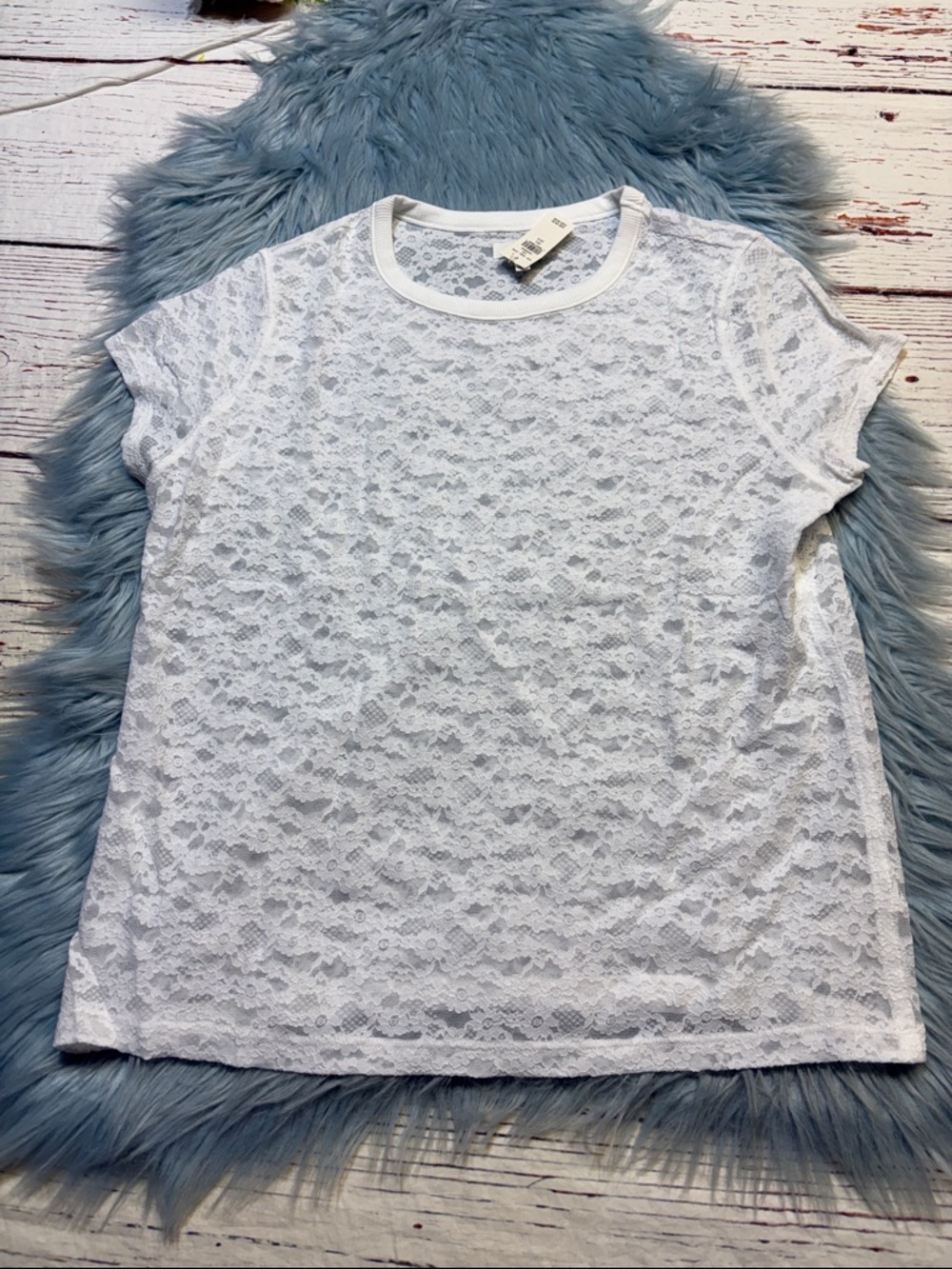 NWT Aerie White Lace Sheer Crewneck Short Sleeve Tee sz L